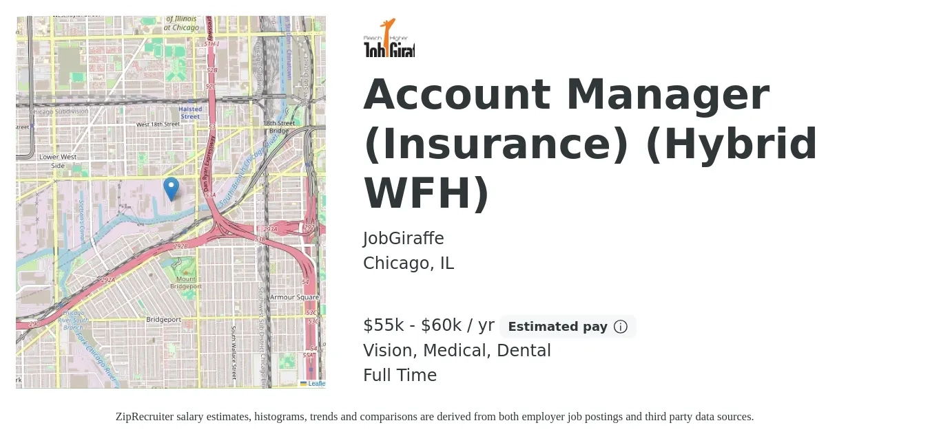 JobGiraffe job posting for a Account Manager (Insurance) (Hybrid WFH) in Chicago, IL with a salary of $55,000 to $60,000 Yearly and benefits including pto, retirement, vision, dental, and medical with a map of Chicago location.