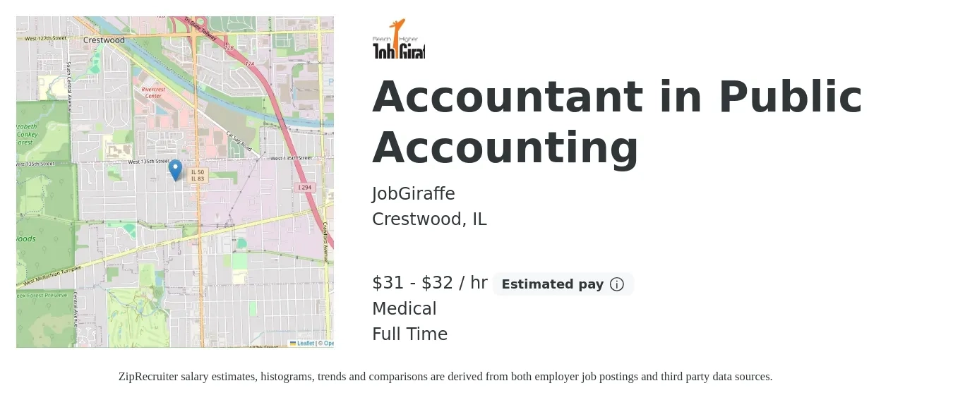 JobGiraffe job posting for a Accountant in Public Accounting in Crestwood, IL with a salary of $33 to $34 Hourly and benefits including medical with a map of Crestwood location.