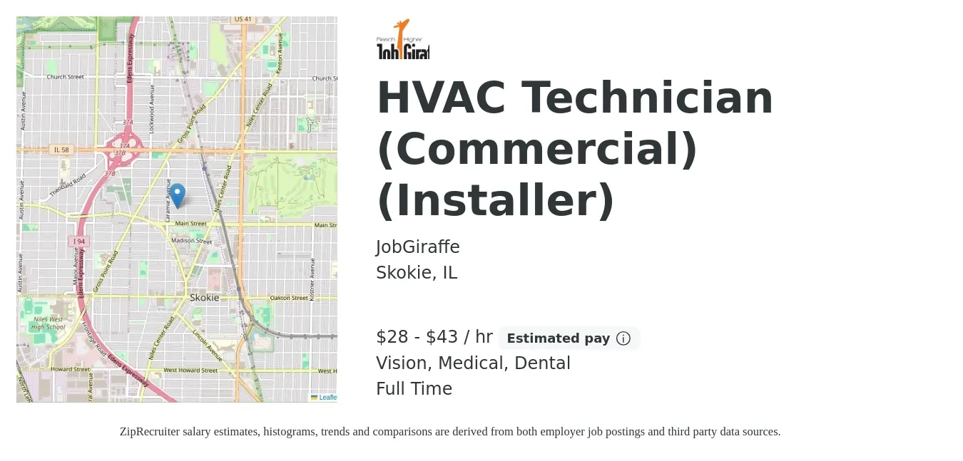 JobGiraffe job posting for a HVAC Technician (Commercial) (Installer) in Skokie, IL with a salary of $30 to $45 Hourly and benefits including dental, life_insurance, medical, pto, and vision with a map of Skokie location.
