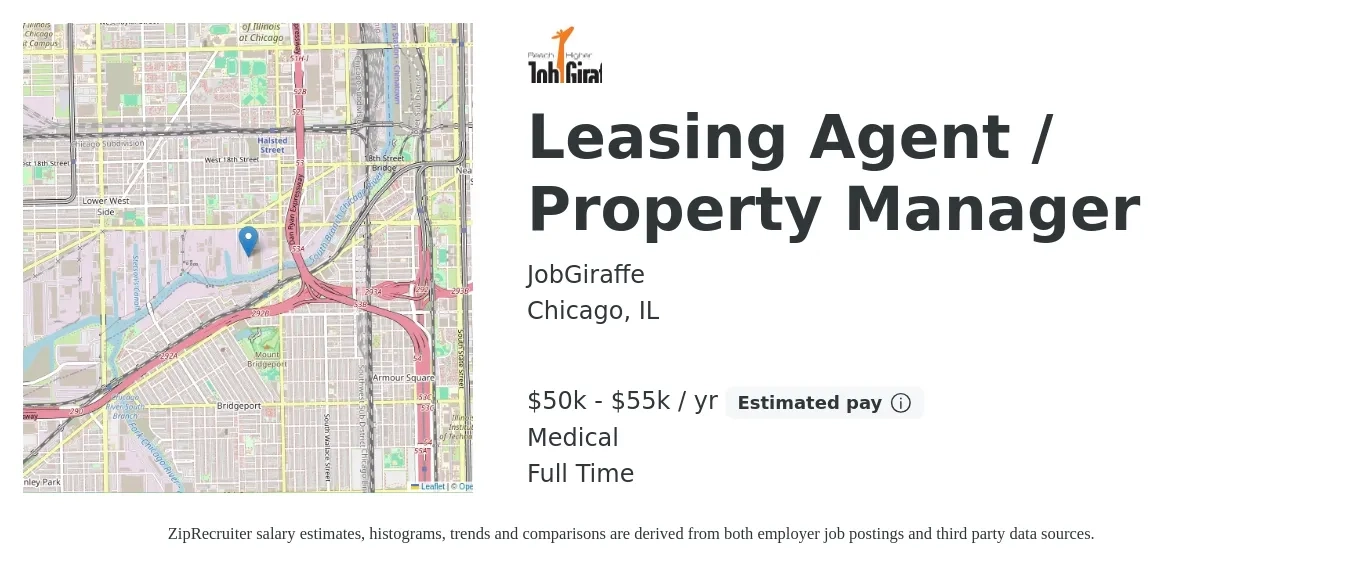JobGiraffe job posting for a Leasing Agent / Property Manager in Chicago, IL with a salary of $50,000 to $55,000 Yearly (plus commission) and benefits including medical with a map of Chicago location.