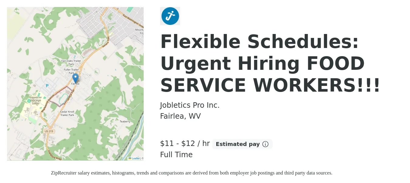 Jobletics Pro Inc. job posting for a Flexible Schedules: Urgent Hiring FOOD SERVICE WORKERS!!! in Fairlea, WV with a salary of $12 to $13 Hourly with a map of Fairlea location.