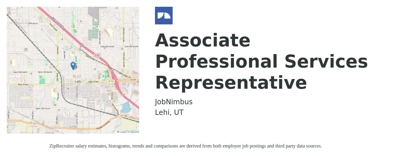JobNimbus job posting for a Associate Professional Services Representative in Lehi, UT with a salary of $17 to $24 Hourly with a map of Lehi location.