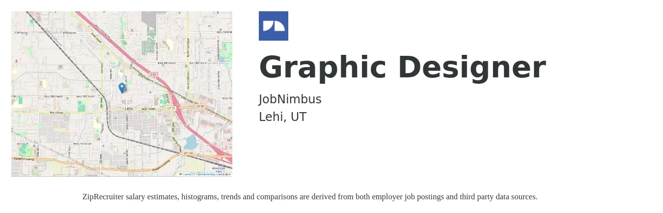 JobNimbus job posting for a Graphic Designer in Lehi, UT with a salary of $20 to $30 Hourly with a map of Lehi location.