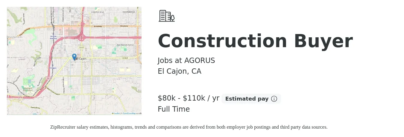 Jobs at AGORUS job posting for a Construction Buyer in El Cajon, CA with a salary of $80,000 to $110,000 Yearly with a map of El Cajon location.