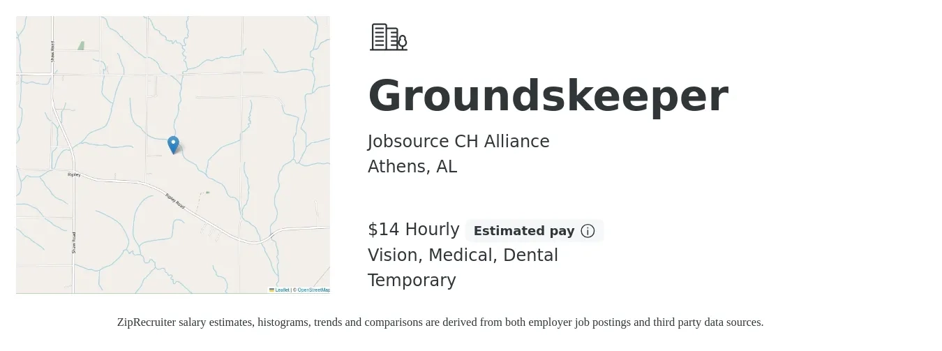 Jobsource CH Alliance job posting for a Groundskeeper in Athens, AL with a salary of $15 Hourly and benefits including medical, vision, and dental with a map of Athens location.