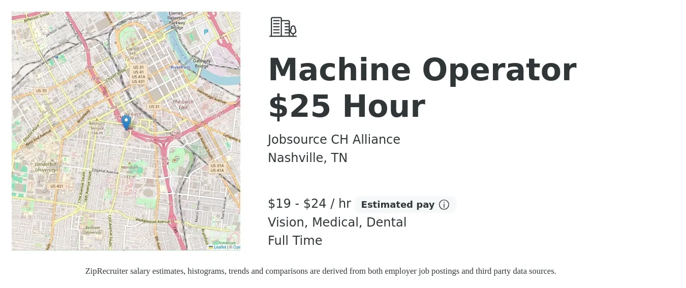 Jobsource CH Alliance job posting for a Machine Operator $25 Hour in Nashville, TN with a salary of $20 to $25 Hourly and benefits including medical, vision, and dental with a map of Nashville location.