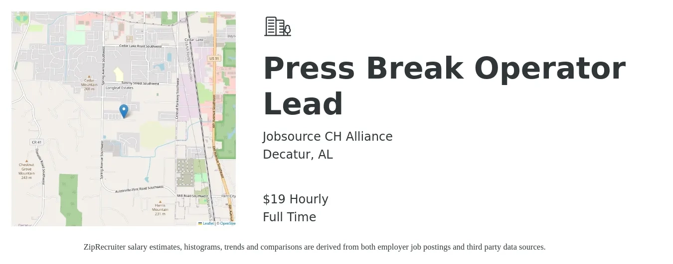 Jobsource CH Alliance job posting for a Press Break Operator Lead in Decatur, AL with a salary of $20 to $25 Hourly and benefits including medical, retirement, vision, and dental with a map of Decatur location.