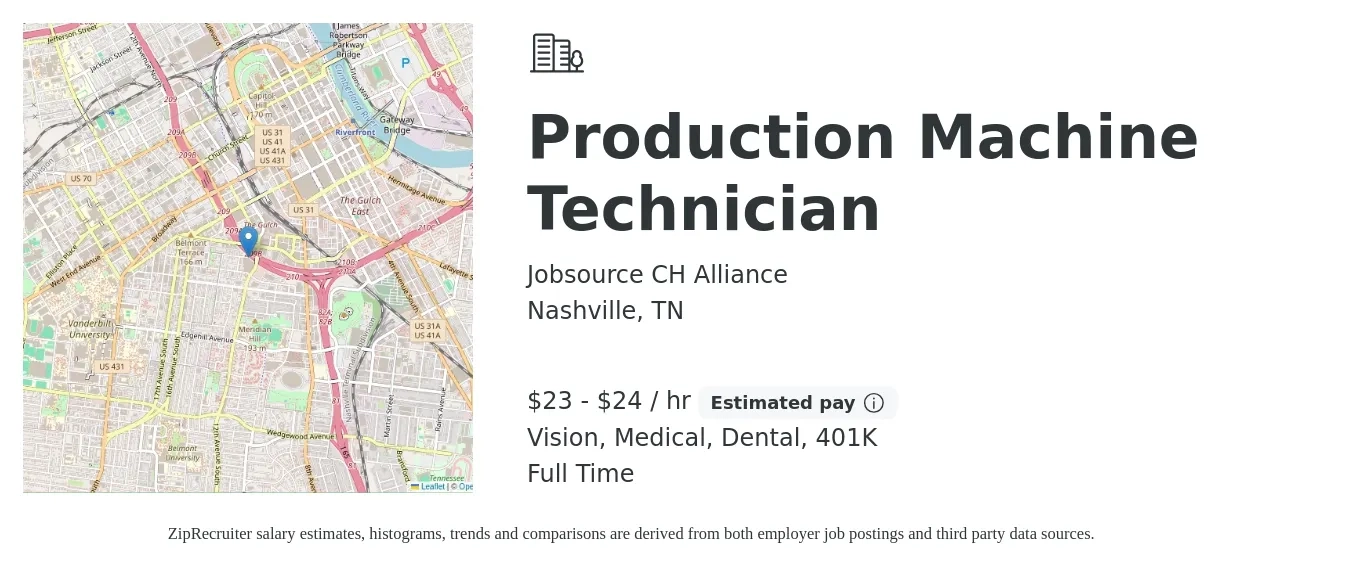 Jobsource CH Alliance job posting for a Production Machine Technician in Nashville, TN with a salary of $24 to $25 Hourly and benefits including medical, vision, 401k, and dental with a map of Nashville location.