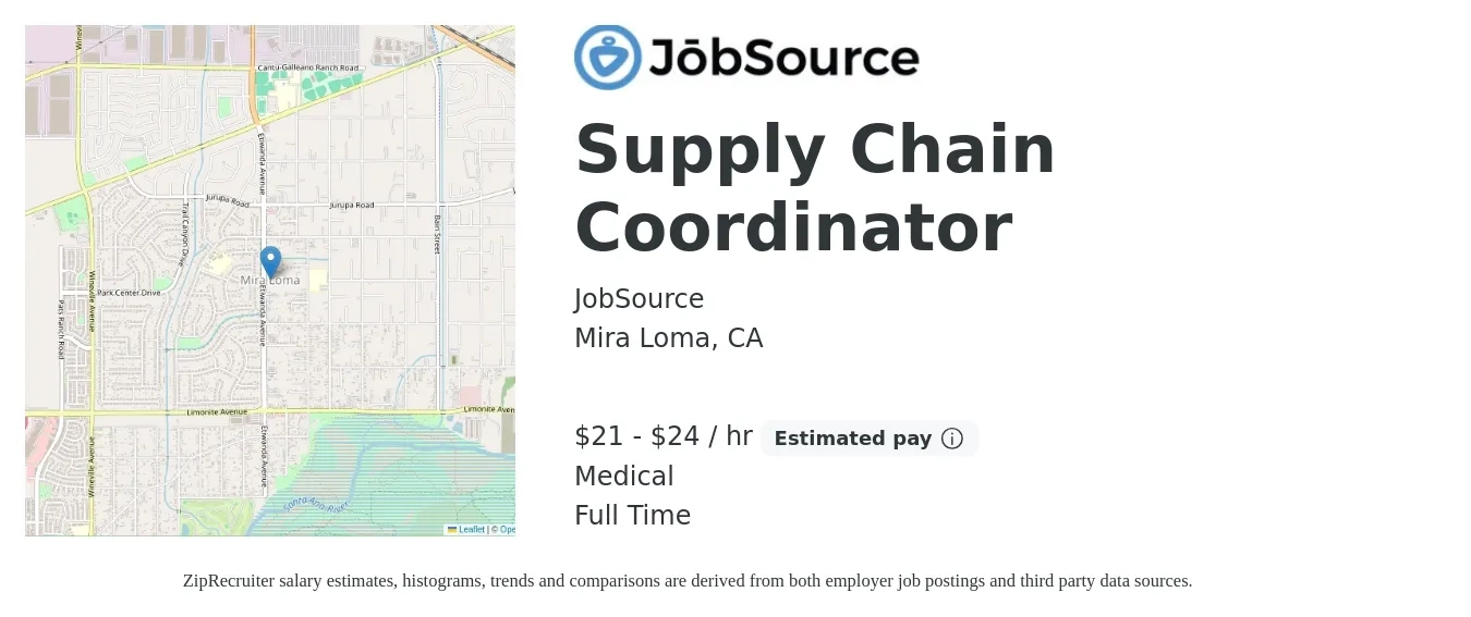JobSource job posting for a Supply Chain Coordinator in Mira Loma, CA with a salary of $22 to $25 Hourly and benefits including medical with a map of Mira Loma location.