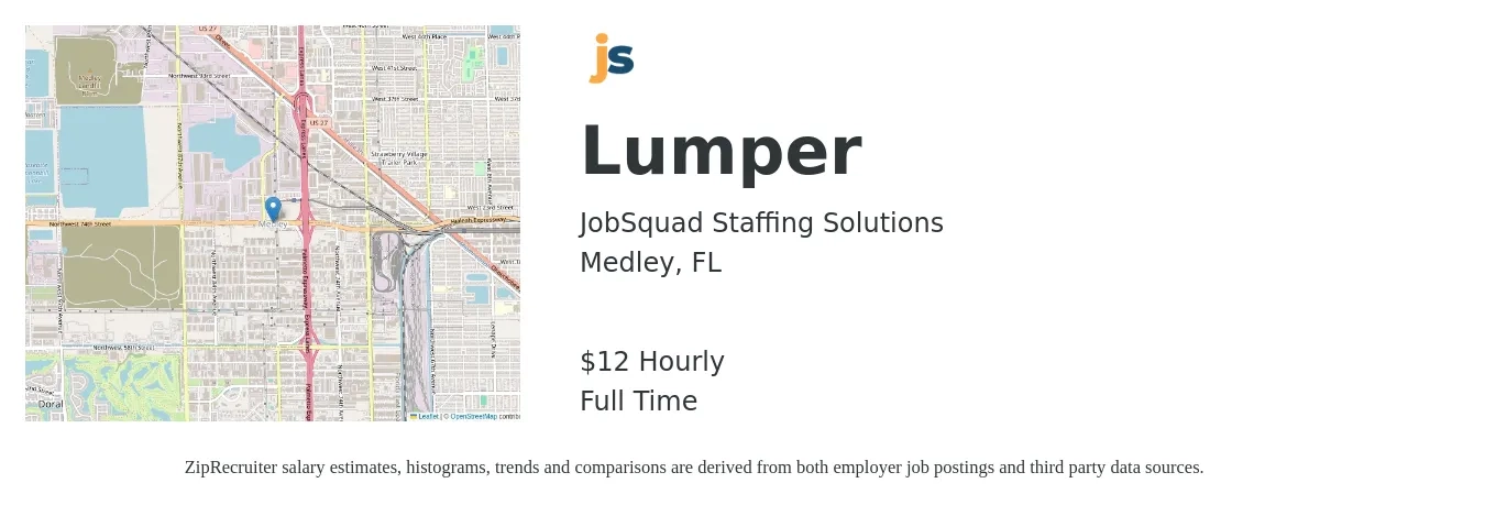 JobSquad Staffing Solutions job posting for a Lumper in Medley, FL with a salary of $13 Hourly with a map of Medley location.