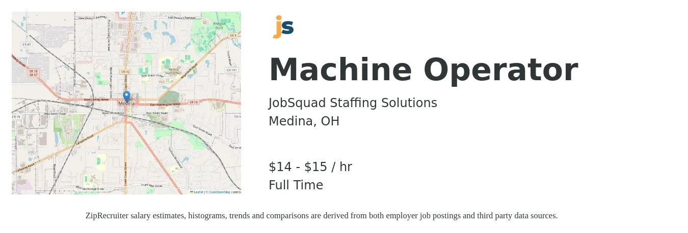 JobSquad Staffing Solutions job posting for a Machine Operator in Medina, OH with a salary of $15 to $16 Hourly with a map of Medina location.