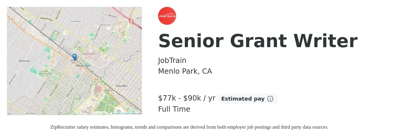 JobTrain job posting for a Senior Grant Writer in Menlo Park, CA with a salary of $77,308 to $90,951 Yearly with a map of Menlo Park location.