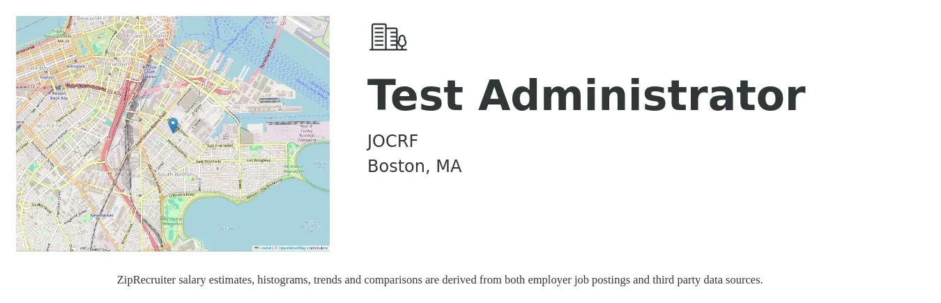 JOCRF job posting for a Test Administrator in Boston, MA with a salary of $25 Hourly with a map of Boston location.