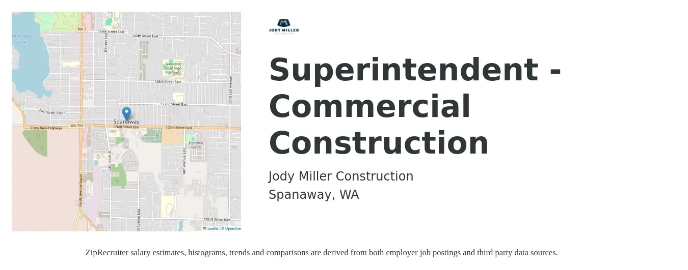 Jody Miller Construction job posting for a Superintendent - Commercial Construction in Spanaway, WA with a salary of $91,300 to $127,500 Yearly with a map of Spanaway location.