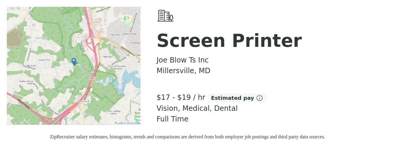 Joe Blow Ts Inc job posting for a Screen Printer in Millersville, MD with a salary of $18 to $20 Hourly and benefits including dental, life_insurance, medical, retirement, and vision with a map of Millersville location.