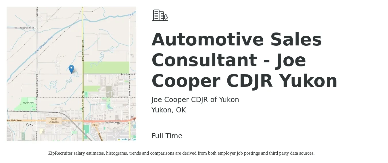 Joe Cooper CDJR of Yukon job posting for a Automotive Sales Consultant - Joe Cooper CDJR Yukon in Yukon, OK with a salary of $34,600 to $67,500 Yearly with a map of Yukon location.