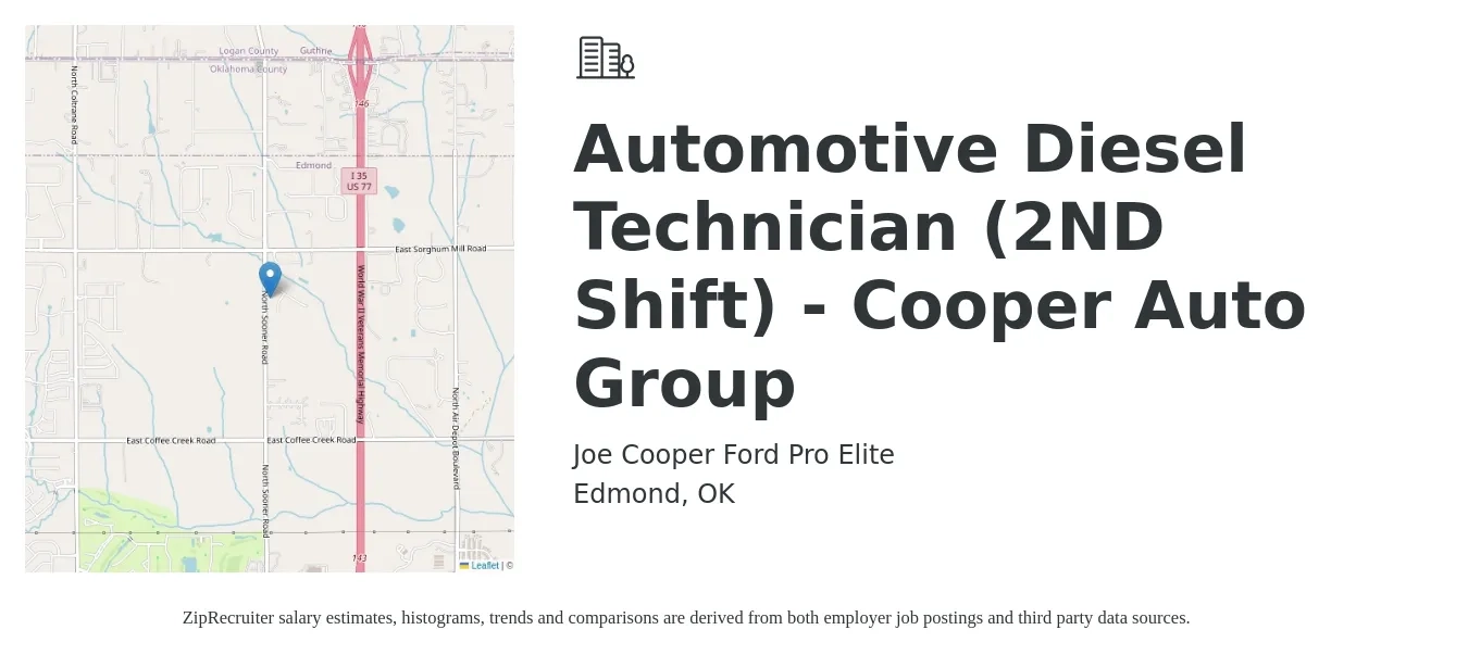 Joe Cooper Ford Pro Elite job posting for a Automotive Diesel Technician (2ND Shift) - Cooper Auto Group in Edmond, OK with a salary of $18 to $30 Hourly with a map of Edmond location.