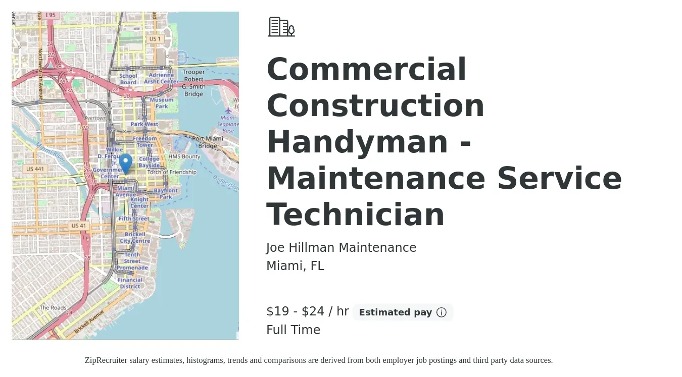 Joe Hillman Maintenance job posting for a Commercial Construction Handyman - Maintenance Service Technician in Miami, FL with a salary of $20 to $25 Hourly with a map of Miami location.