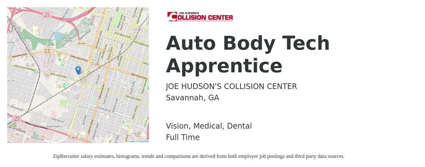 JOE HUDSON'S COLLISION CENTER job posting for a Auto Body Tech Apprentice in Savannah, GA with a salary of $19 to $31 Hourly and benefits including vision, dental, life_insurance, medical, and retirement with a map of Savannah location.