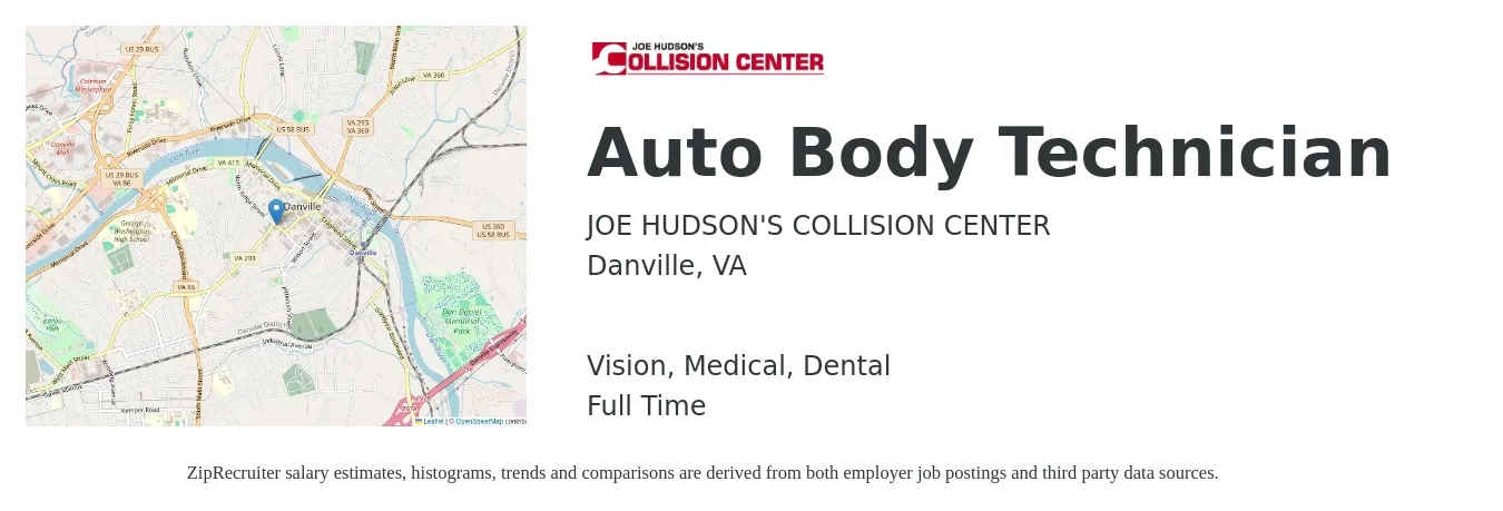 JOE HUDSON'S COLLISION CENTER job posting for a Auto Body Technician in Danville, VA with a salary of $21 to $33 Hourly and benefits including dental, life_insurance, medical, retirement, and vision with a map of Danville location.