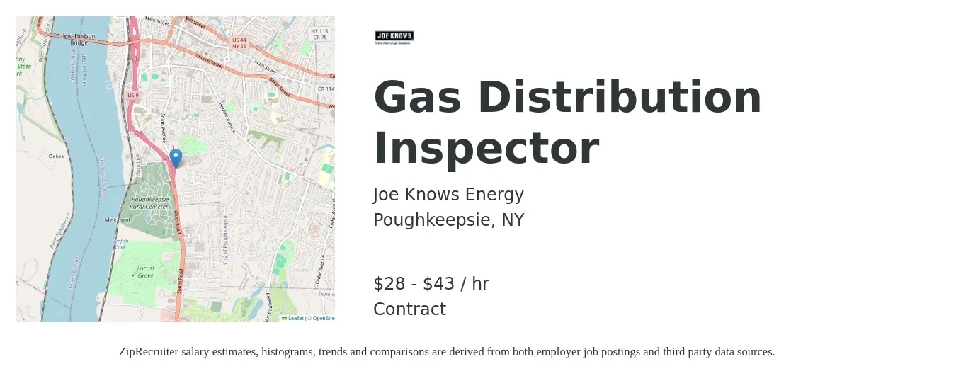 Joe Knows Energy job posting for a Gas Distribution Inspector in Poughkeepsie, NY with a salary of $30 to $45 Hourly with a map of Poughkeepsie location.