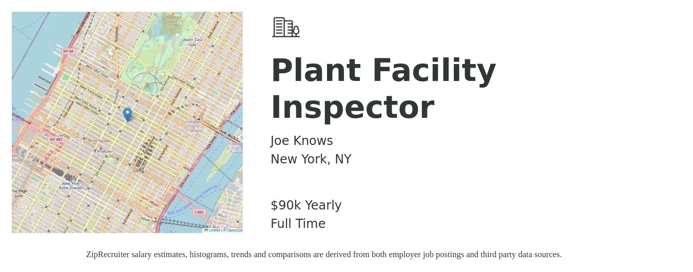 Joe Knows job posting for a Plant Facility Inspector in New York, NY with a salary of $90,000 Yearly with a map of New York location.