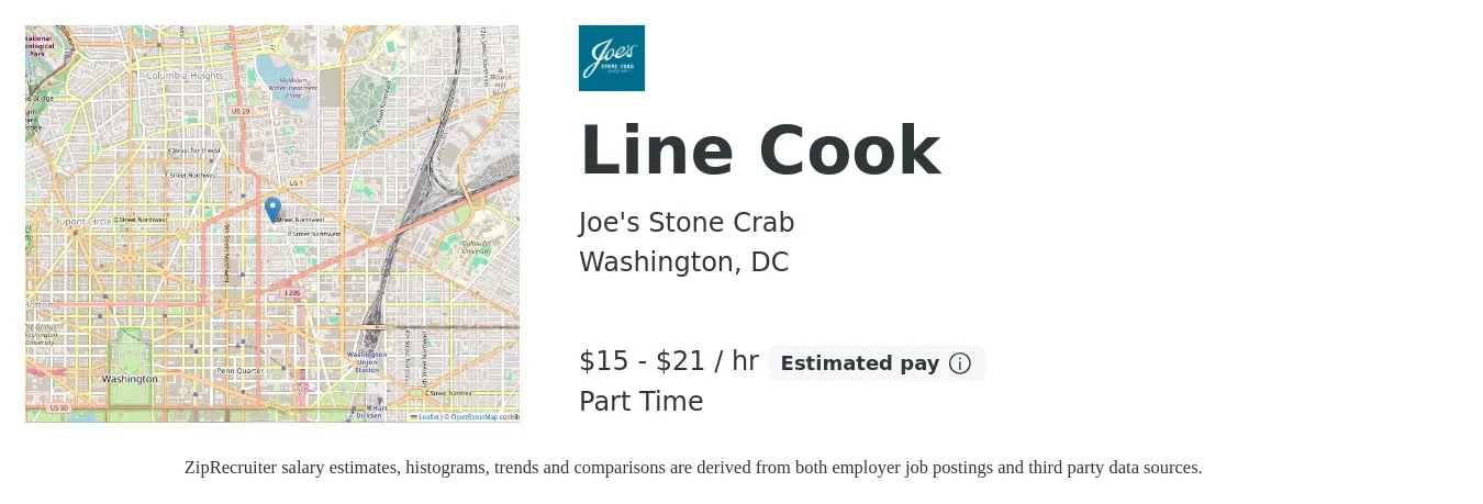 Joe's Stone Crab job posting for a Line Cook in Washington, DC with a salary of $16 to $22 Hourly with a map of Washington location.