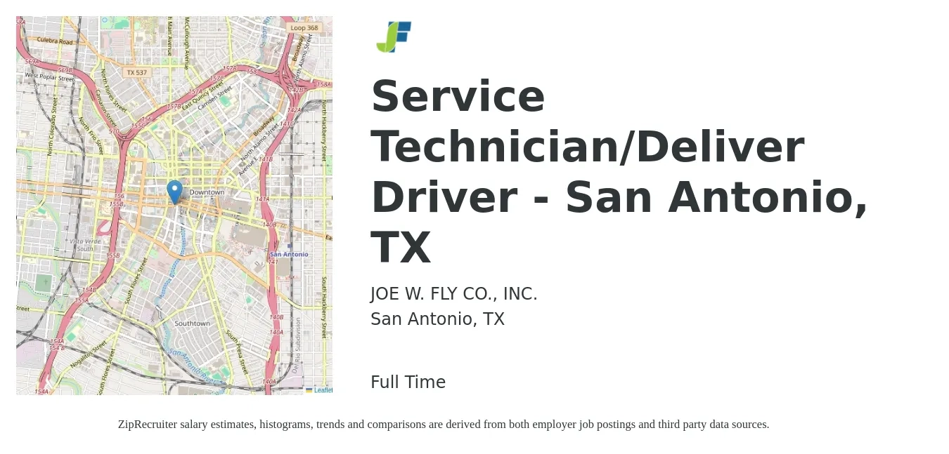 JOE W. FLY CO., INC. job posting for a Service Technician/Deliver Driver - San Antonio, TX in San Antonio, TX with a salary of $16 to $21 Hourly with a map of San Antonio location.