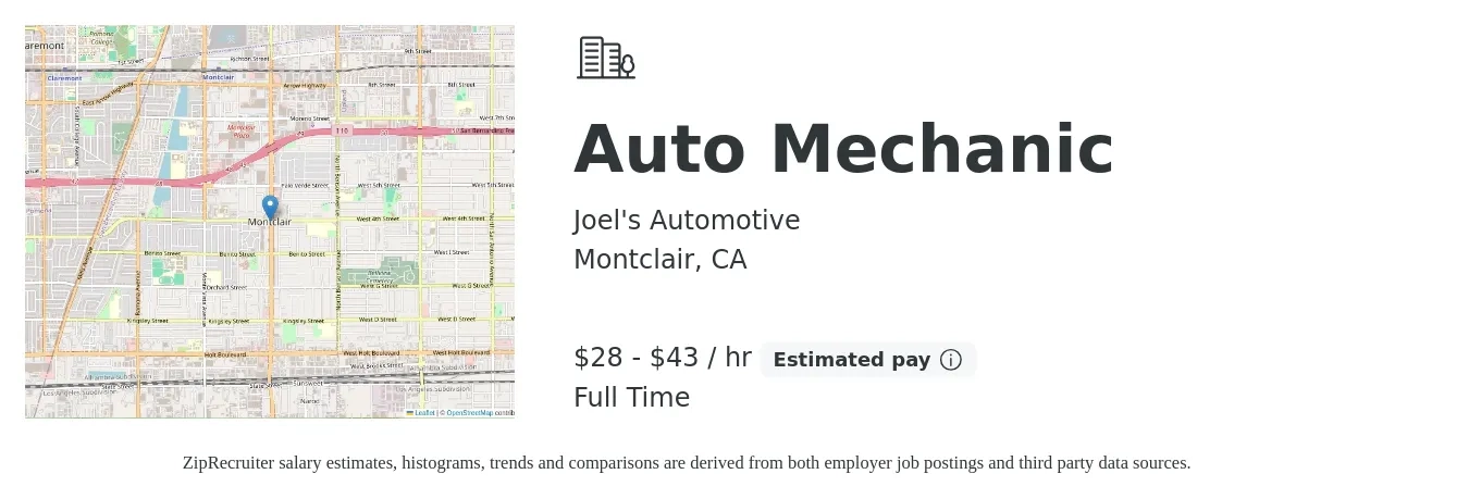 Joel's Automotive job posting for a Auto Mechanic in Montclair, CA with a salary of $30 to $45 Hourly with a map of Montclair location.