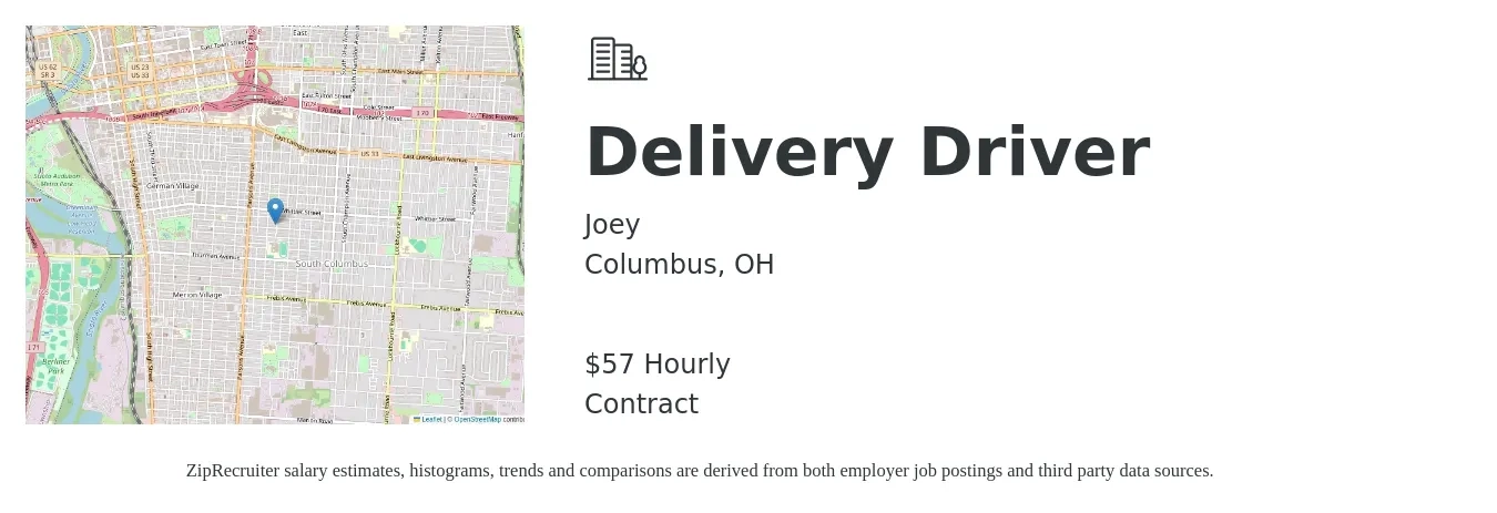 Joey job posting for a Delivery Driver in Columbus, OH with a salary of $34 to $45 Hourly with a map of Columbus location.