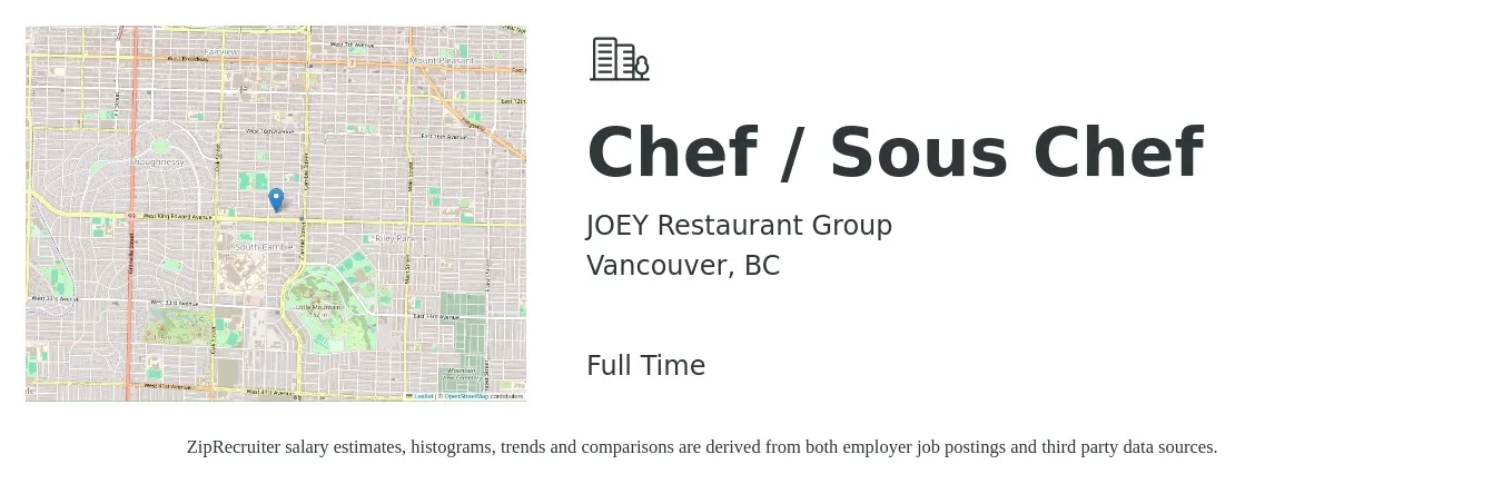 JOEY Restaurant Group job posting for a Chef / Sous Chef in Vancouver, BC with a salary of $34,840 Yearly with a map of Vancouver location.