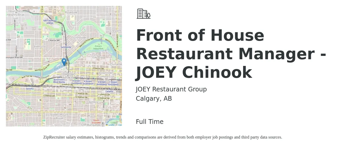JOEY Restaurant Group job posting for a Front of House Restaurant Manager - JOEY Chinook in Calgary, AB with a map of Calgary location.