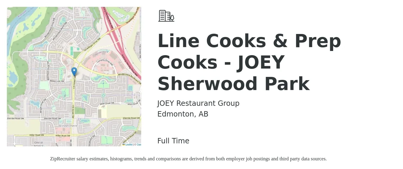 JOEY Restaurant Group job posting for a Line Cooks & Prep Cooks - JOEY Sherwood Park in Edmonton, AB with a map of Edmonton location.