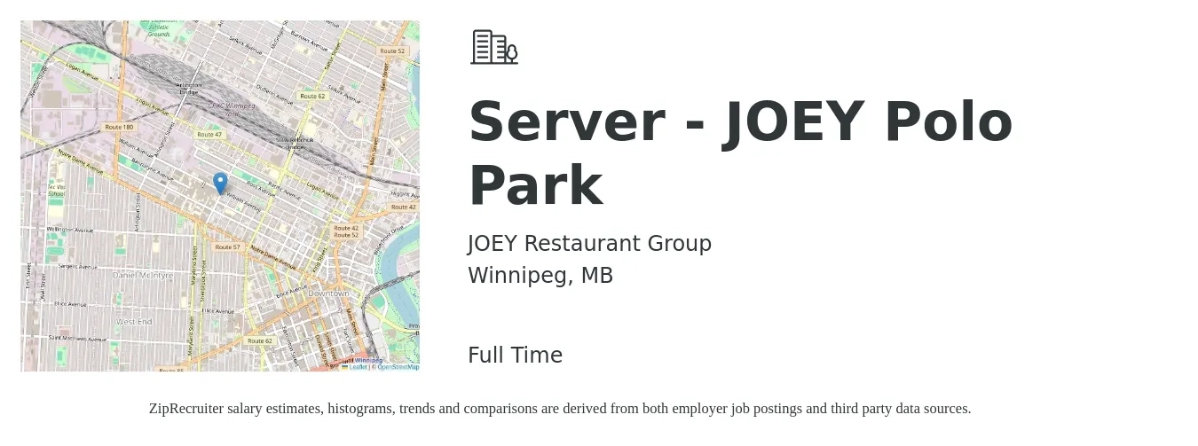 JOEY Restaurant Group job posting for a Server - JOEY Polo Park in Winnipeg, MB with a map of Winnipeg location.