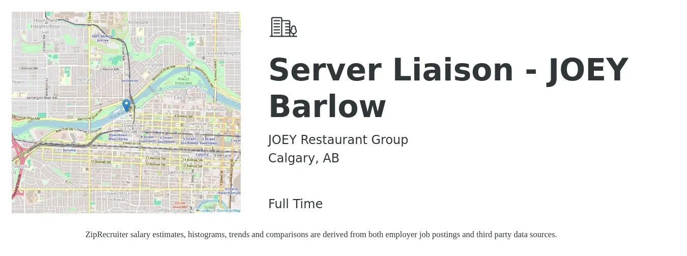 JOEY Restaurant Group job posting for a Server Liaison - JOEY Barlow in Calgary, AB with a map of Calgary location.