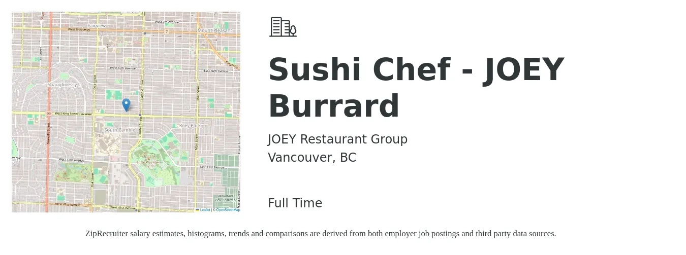 JOEY Restaurant Group job posting for a Sushi Chef - JOEY Burrard in Vancouver, BC with a salary of $17 to $22 Hourly with a map of Vancouver location.