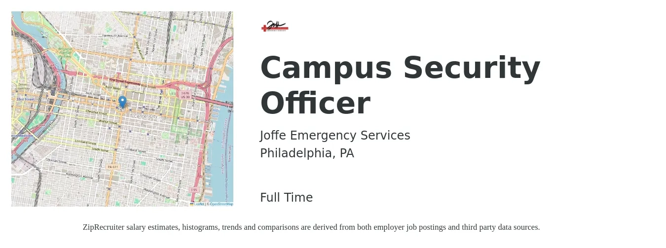 Joffe Emergency Services job posting for a Campus Security Officer in Philadelphia, PA with a salary of $20 to $21 Hourly with a map of Philadelphia location.