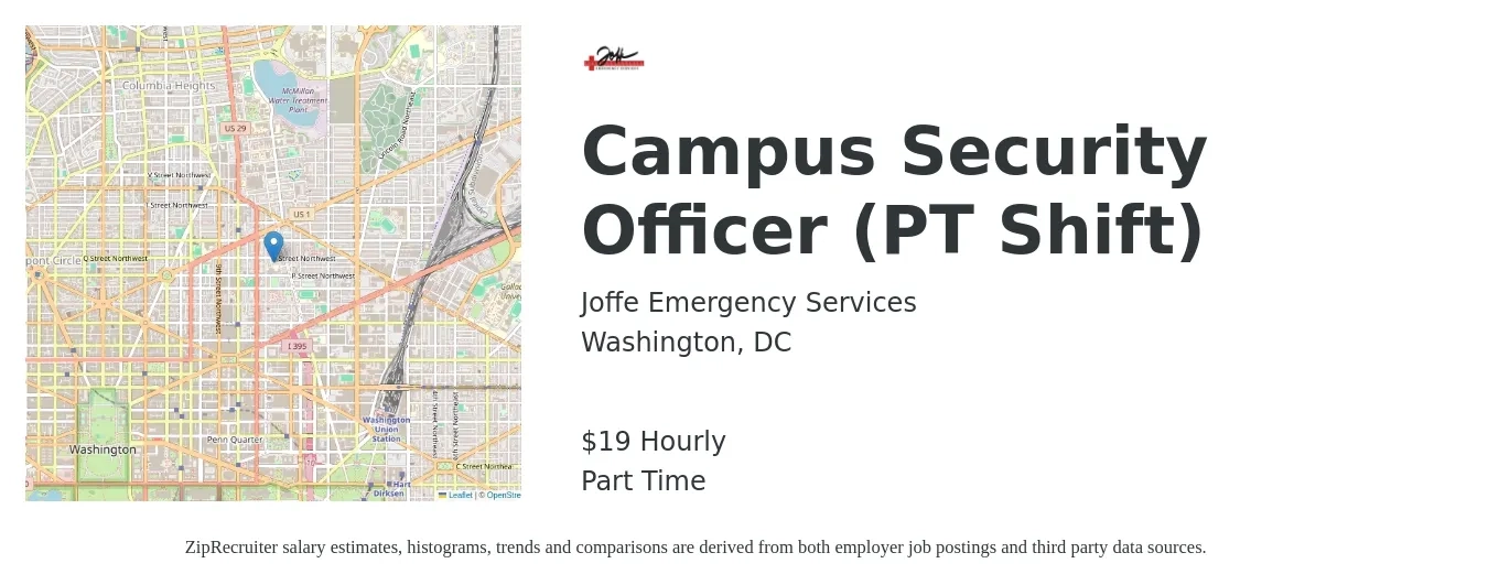 Joffe Emergency Services job posting for a Campus Security Officer (PT Shift) in Washington, DC with a salary of $20 Hourly with a map of Washington location.