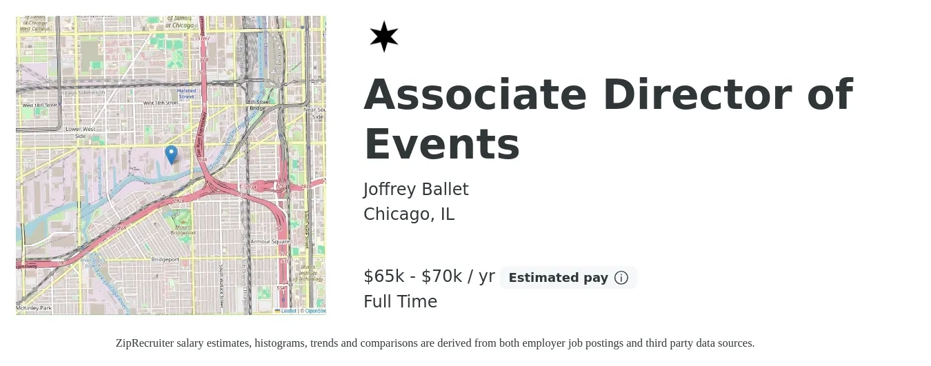 Joffrey Ballet job posting for a Associate Director of Events in Chicago, IL with a salary of $65,000 to $70,000 Yearly with a map of Chicago location.