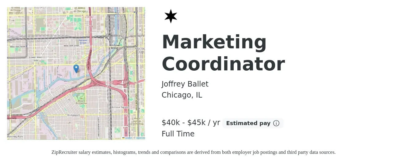 Joffrey Ballet job posting for a Marketing Coordinator in Chicago, IL with a salary of $40,000 to $45,000 Yearly with a map of Chicago location.