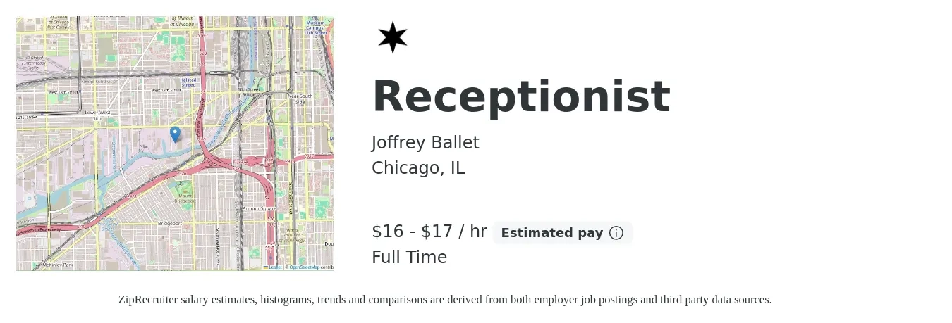 Joffrey Ballet job posting for a Receptionist in Chicago, IL with a salary of $17 to $18 Hourly with a map of Chicago location.