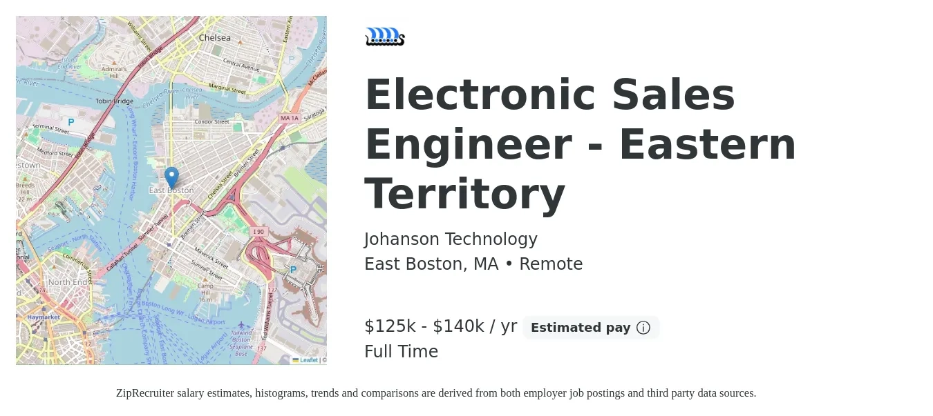Johanson Technology job posting for a Electronic Sales Engineer - Eastern Territory in East Boston, MA with a salary of $125,000 to $140,000 Yearly with a map of East Boston location.