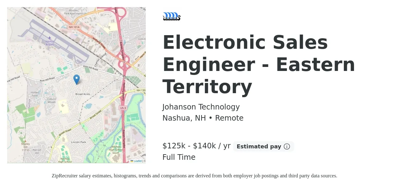 Johanson Technology job posting for a Electronic Sales Engineer - Eastern Territory in Nashua, NH with a salary of $125,000 to $140,000 Yearly with a map of Nashua location.
