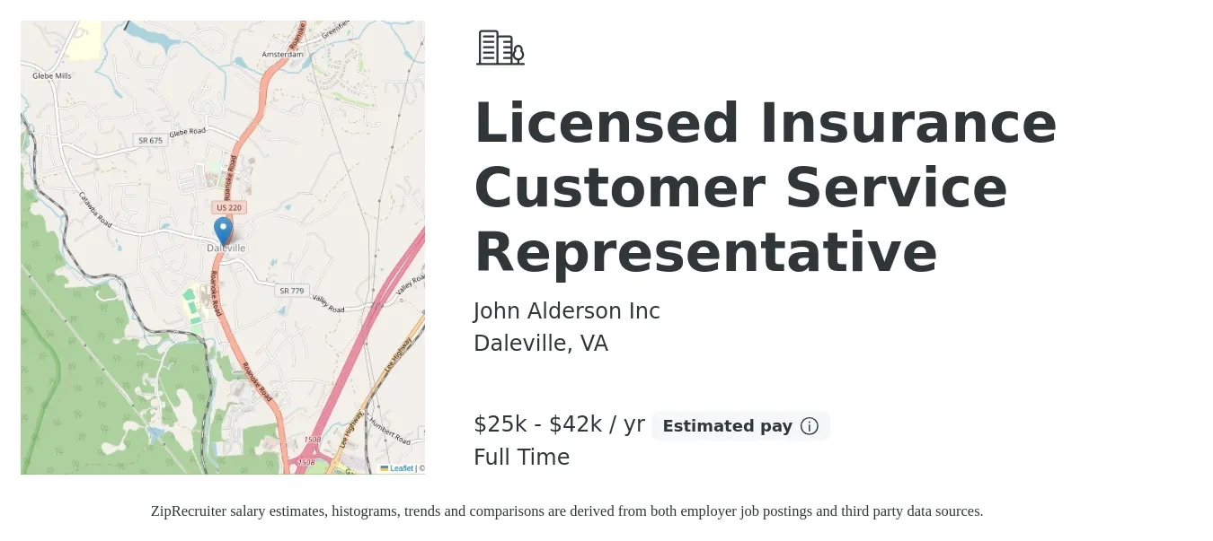John Alderson Inc job posting for a Licensed Insurance Customer Service Representative in Daleville, VA with a salary of $25,000 to $42,000 Yearly with a map of Daleville location.