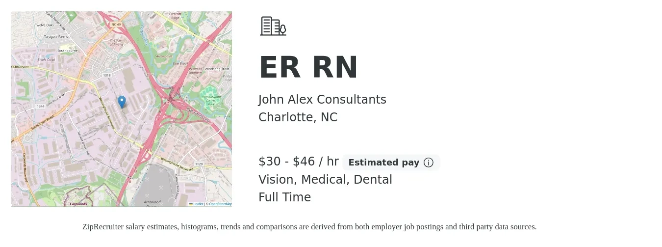 John Alex Consultants job posting for a ER RN in Charlotte, NC with a salary of $32 to $48 Hourly and benefits including dental, life_insurance, medical, retirement, and vision with a map of Charlotte location.