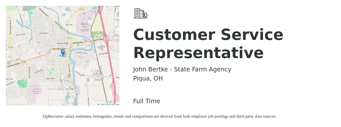 John Bertke - State Farm Agency job posting for a Customer Service Representative in Piqua, OH with a salary of $14 to $20 Hourly with a map of Piqua location.