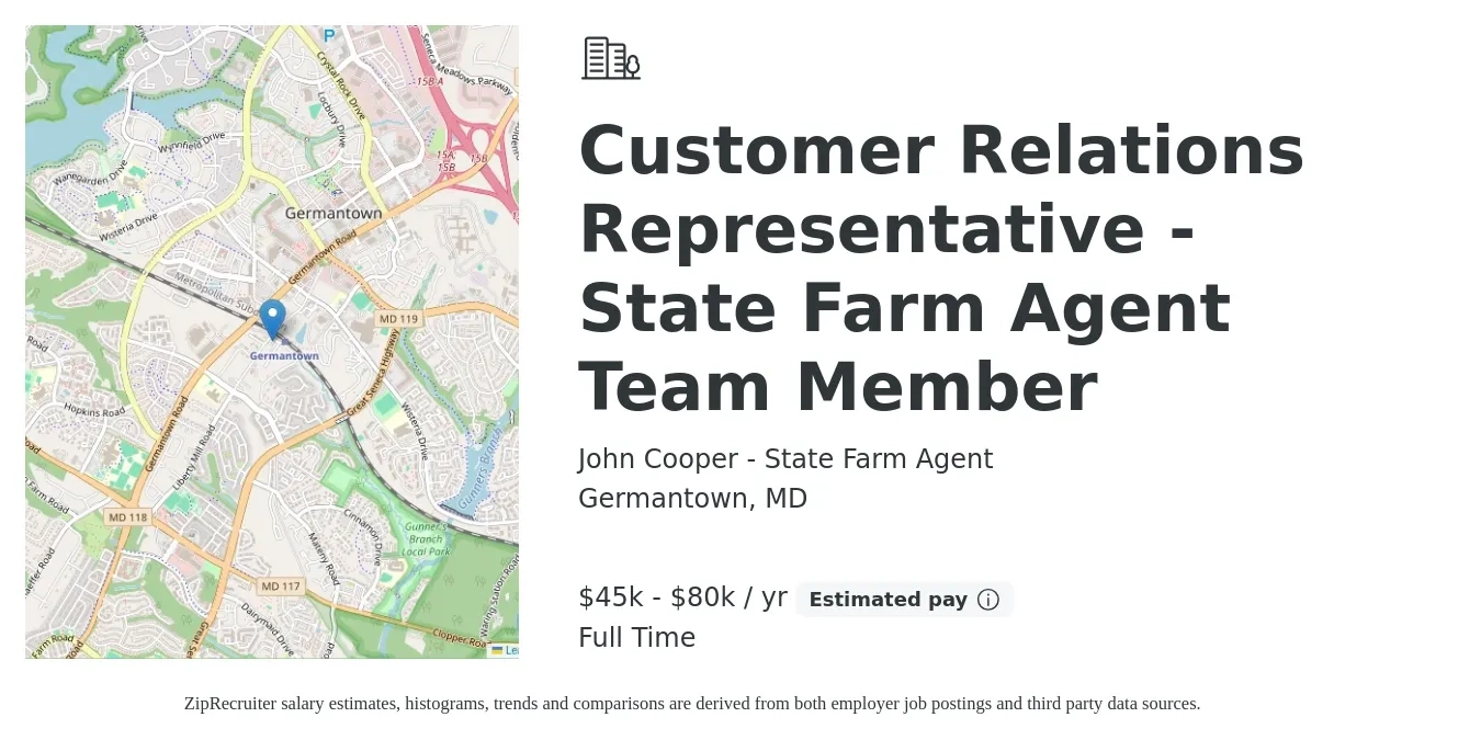 John Cooper - State Farm Agent job posting for a Customer Relations Representative - State Farm Agent Team Member in Germantown, MD with a salary of $45,000 to $80,000 Yearly with a map of Germantown location.