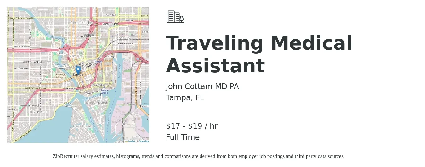 John Cottam MD PA job posting for a Traveling Medical Assistant in Tampa, FL with a salary of $18 to $20 Hourly with a map of Tampa location.