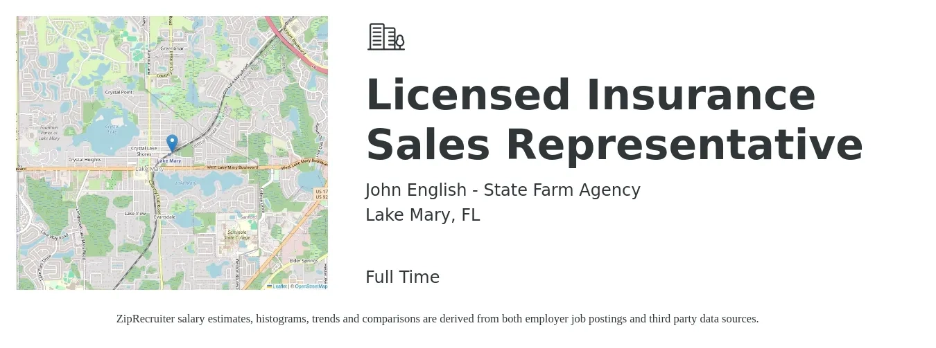 John English - State Farm Agency job posting for a Licensed Insurance Sales Representative in Lake Mary, FL with a salary of $39,300 to $97,500 Yearly with a map of Lake Mary location.