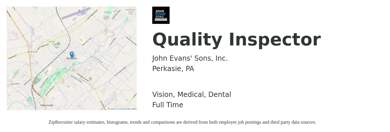 John Evans' Sons, Inc. job posting for a Quality Inspector in Perkasie, PA with a salary of $16 to $23 Hourly and benefits including life_insurance, medical, retirement, vision, and dental with a map of Perkasie location.